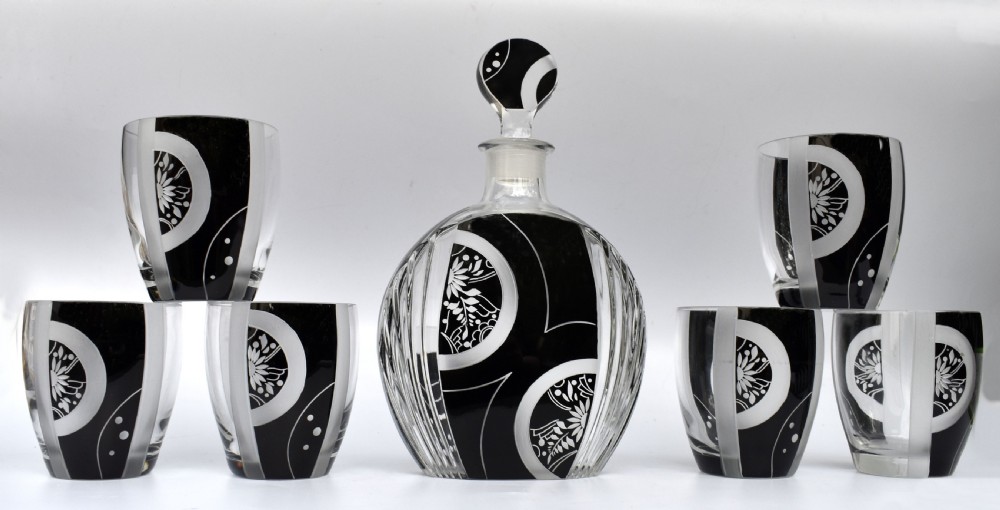 Art Deco Cut Glass & Enamel Decanter Set by Karl Palda, c1930 View XI