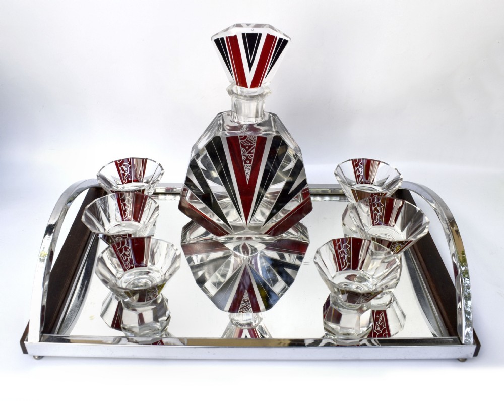 Art Deco Cut Glass & Enamel Decanter Set by Karl Palda, c1930 View IX