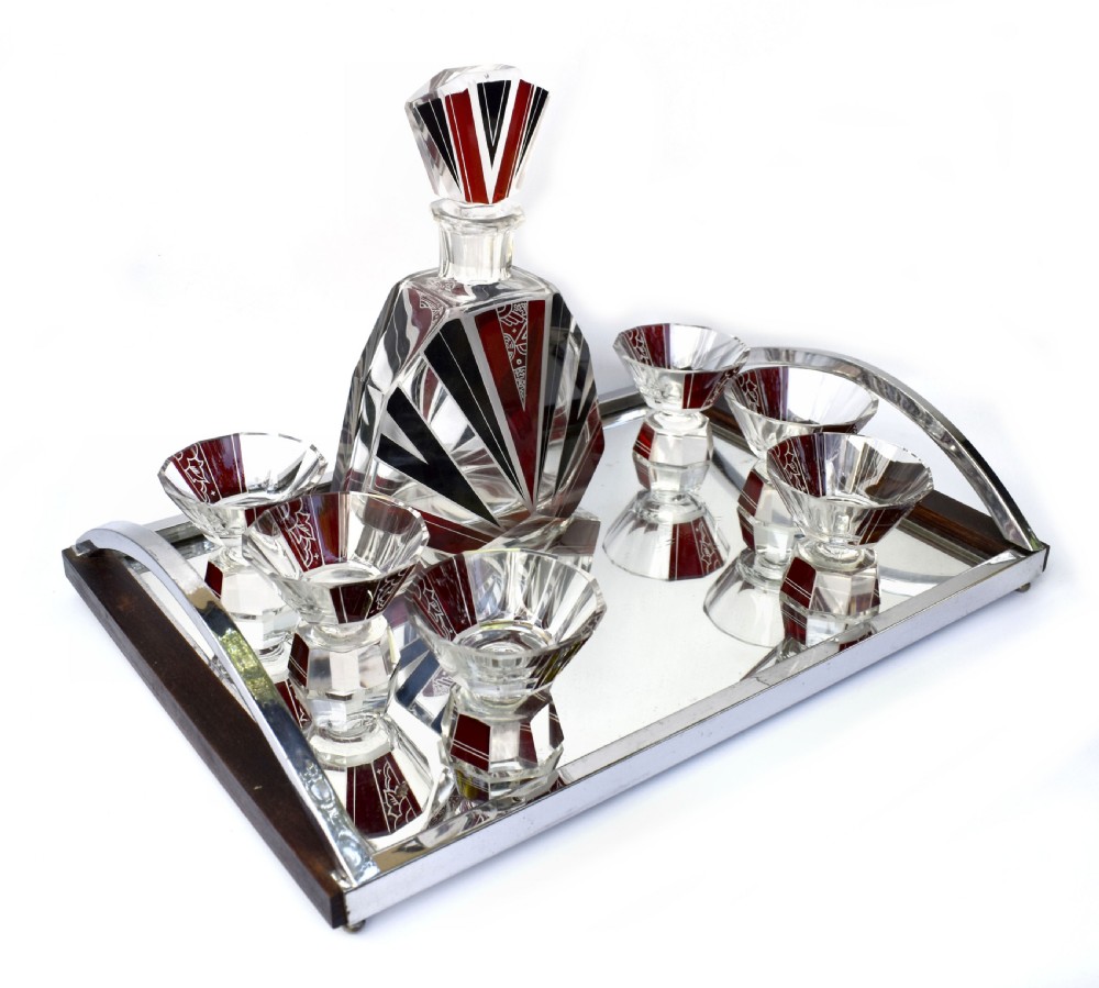 Art Deco Cut Glass & Enamel Decanter Set by Karl Palda, c1930 View XI