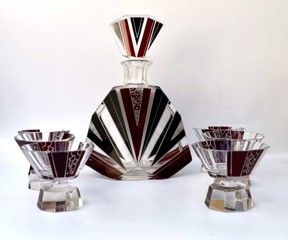 Art Deco Cut Glass & Enamel Decanter Set by Karl Palda, c1930