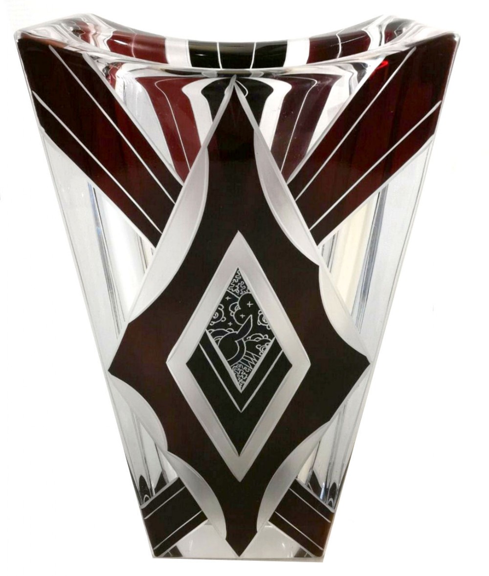 Art Deco Glass and Enamel Etched Geometric Vase