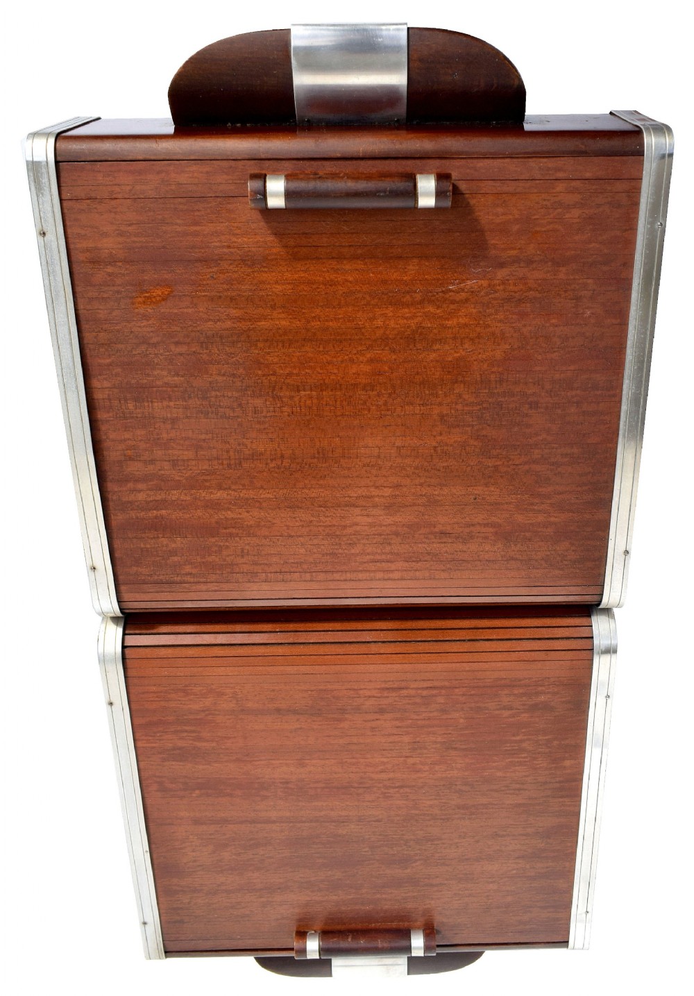 An Art Deco wooden cantilever sewing box on a pedestal stand with metallic joint brackets and cylindrical handles. View V