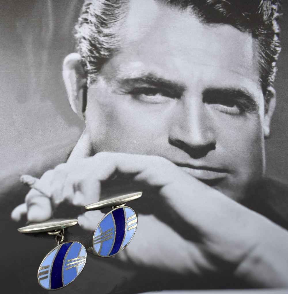 Art Deco Mens Geometric Oval Enamel Cufflinks, c1930 View II