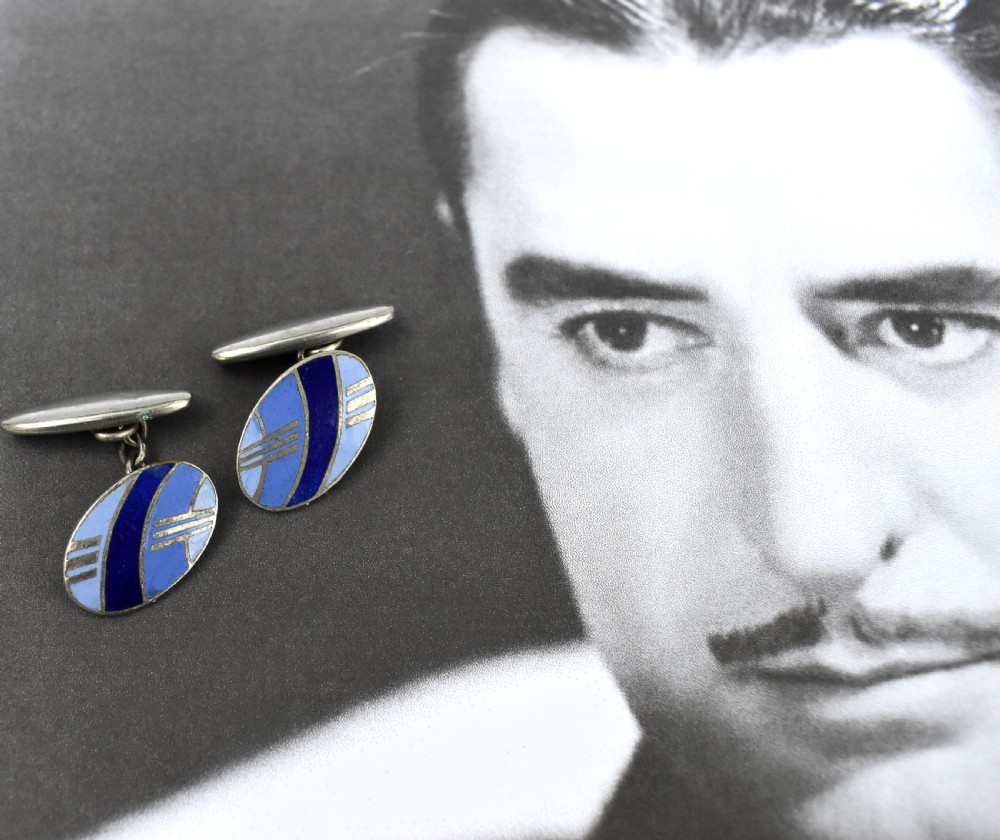 Art Deco Mens Geometric Oval Enamel Cufflinks, c1930 View V
