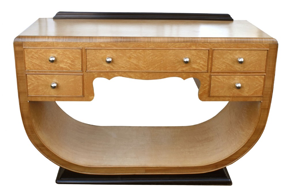Art Deco Birds Eye Maple U Base Console Table, c1930