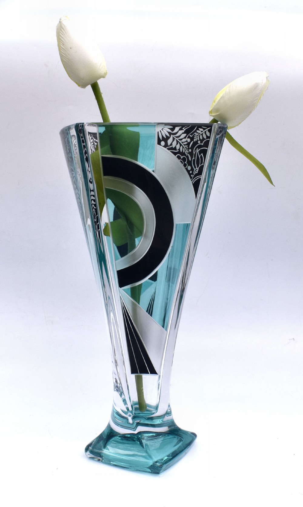 Art Deco Glass & Enamel Etched Vase