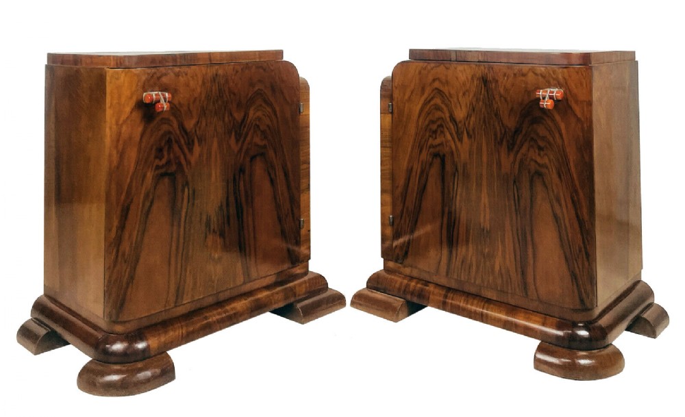Art Deco Pair of Matching Bedside Table Cabinets in Walnut, c1930
