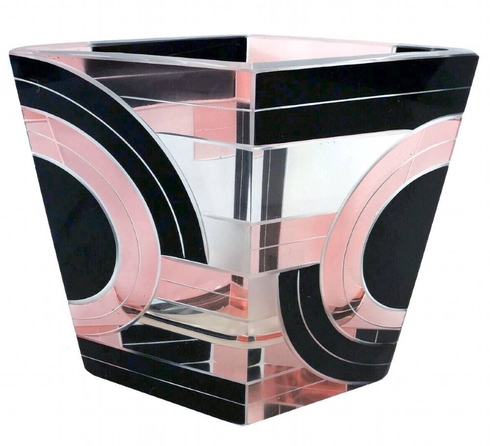 Art Deco Glass & Enamel Etched Vase