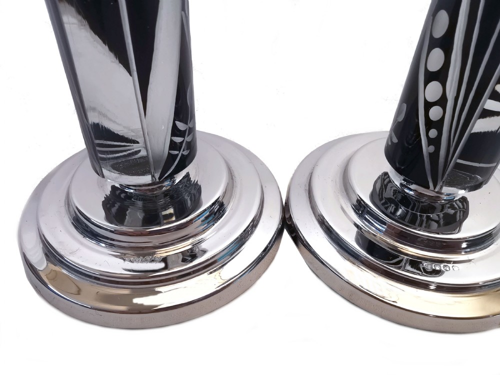 Art Deco Pair of Matching Nickel-Silver & Glass Candlesticks, c1930 View III
