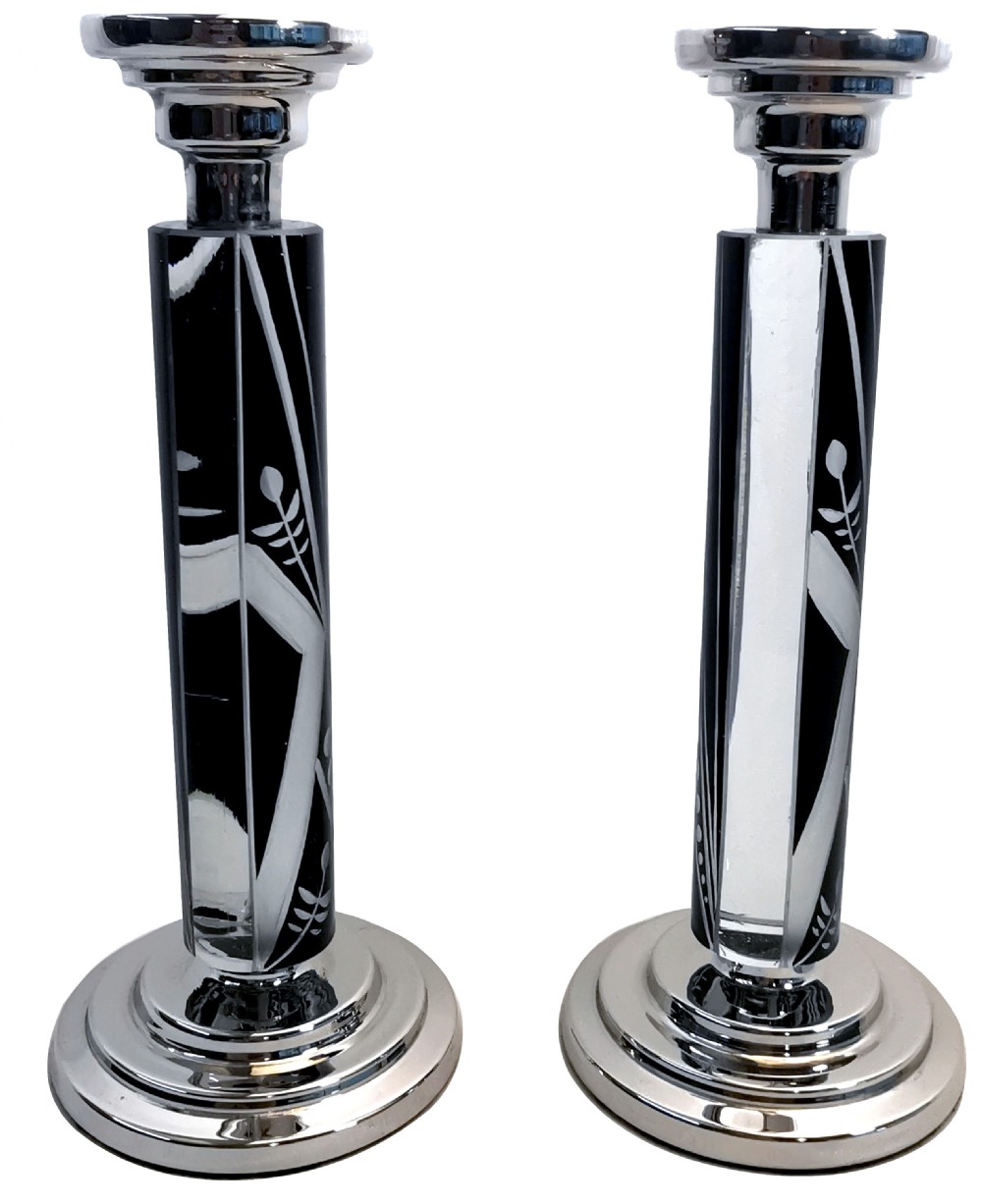 Art Deco Pair of Matching Nickel-Silver & Glass Candlesticks, c1930 View IV