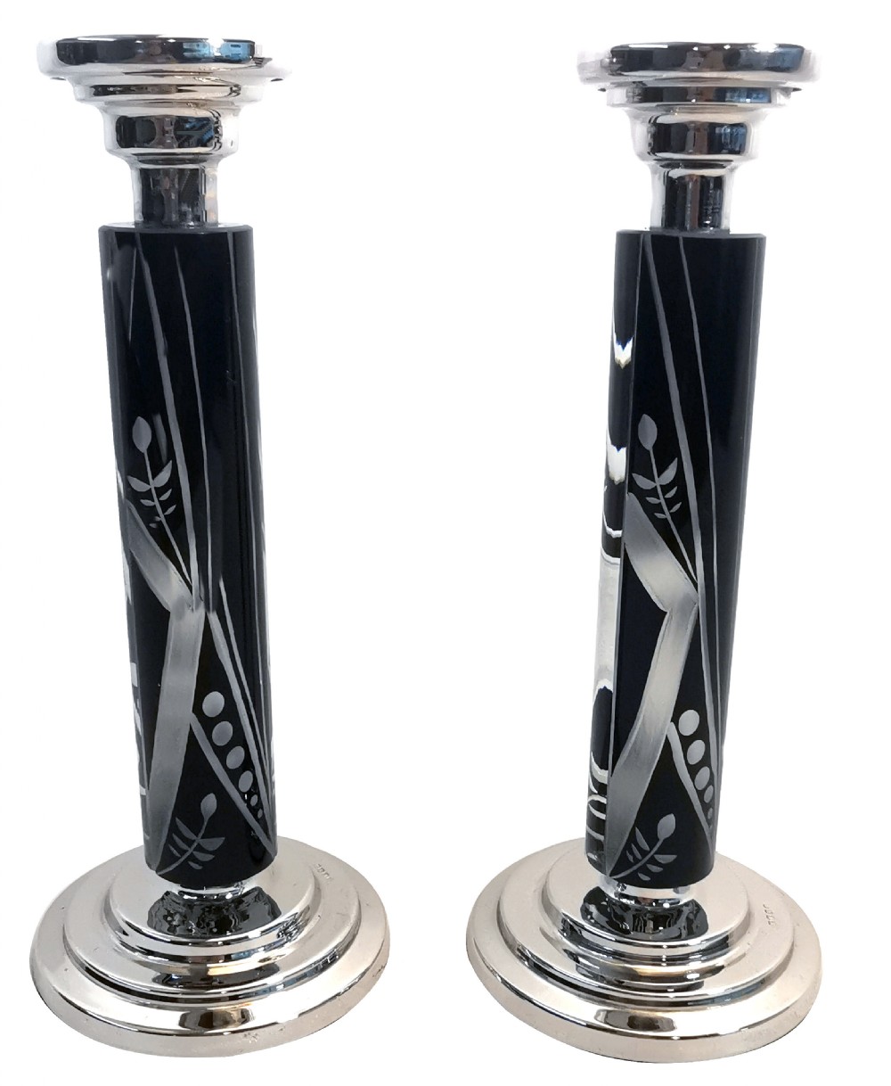 Art Deco Pair of Matching Nickel-Silver & Glass Candlesticks, c1930 View V