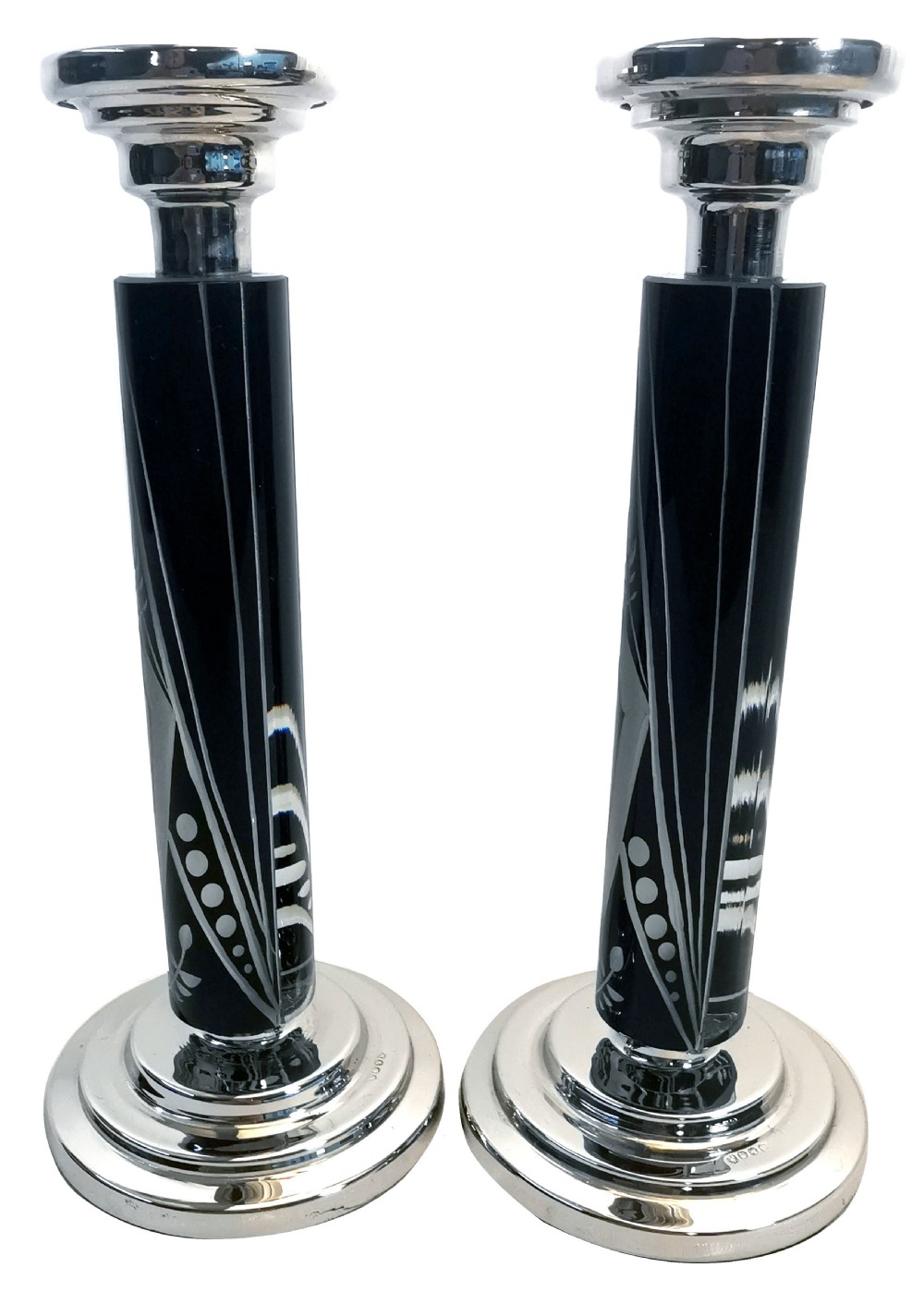 Art Deco Pair of Matching Nickel-Silver & Glass Candlesticks, c1930 View VI