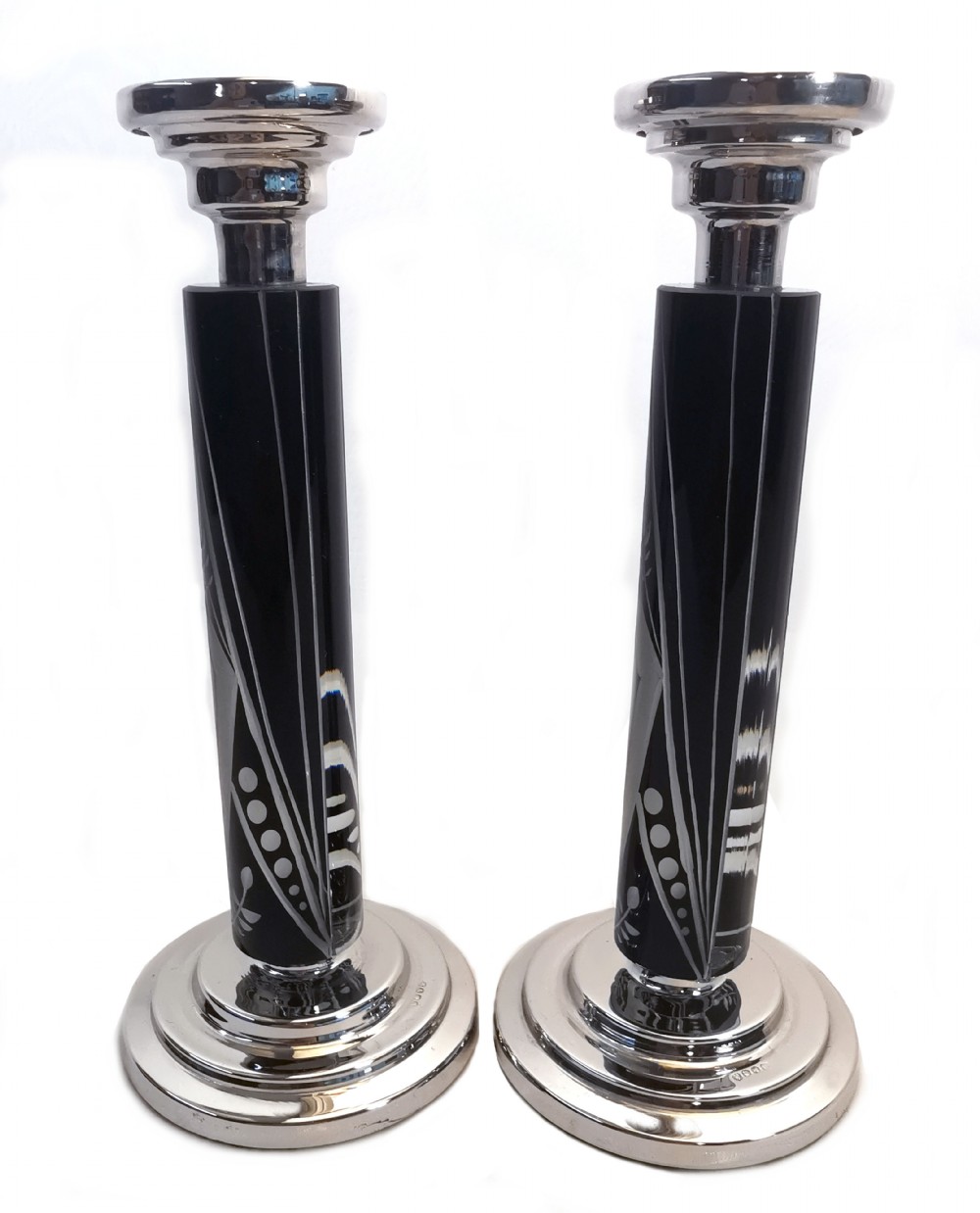 Art Deco Pair of Matching Nickel-Silver & Glass Candlesticks, c1930 View VII