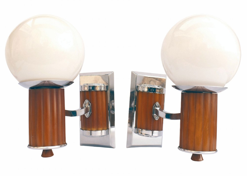 Art Deco Odeon Cinema Bakelite Catalin Globe Shade Wall Light Sconces, Circa 1930's