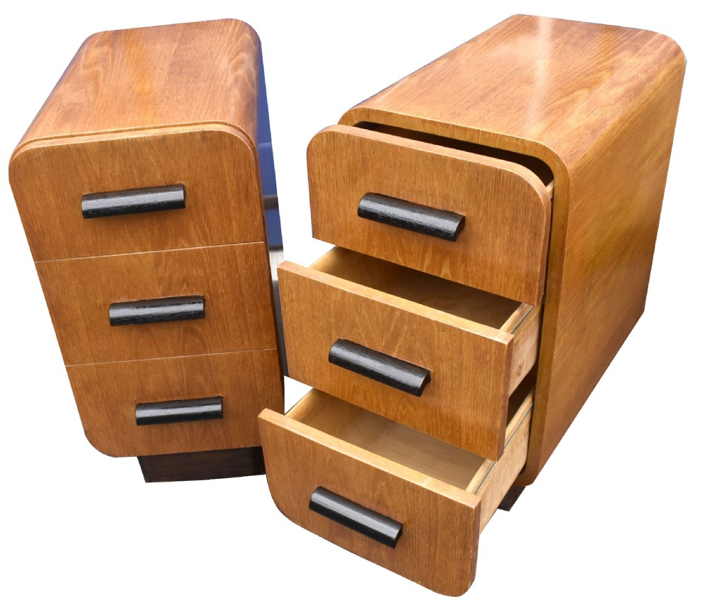 Art Deco Pair Of Modernist Blonde Oak Bedside Cabinets, c1930