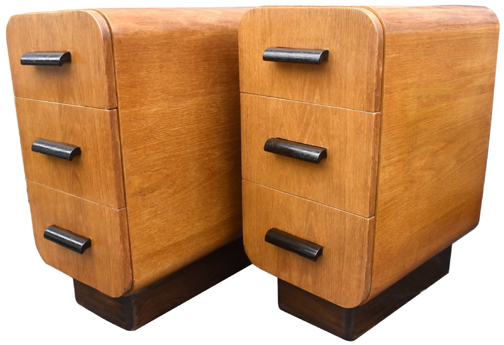Art Deco Pair Of Modernist Blonde Oak Bedside Cabinets, c1930 View V