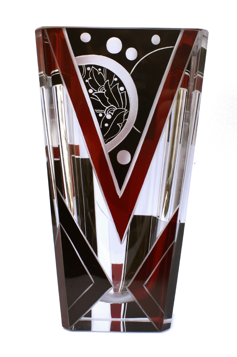 Art Deco Glass and Enamel Etched Geometric Vase