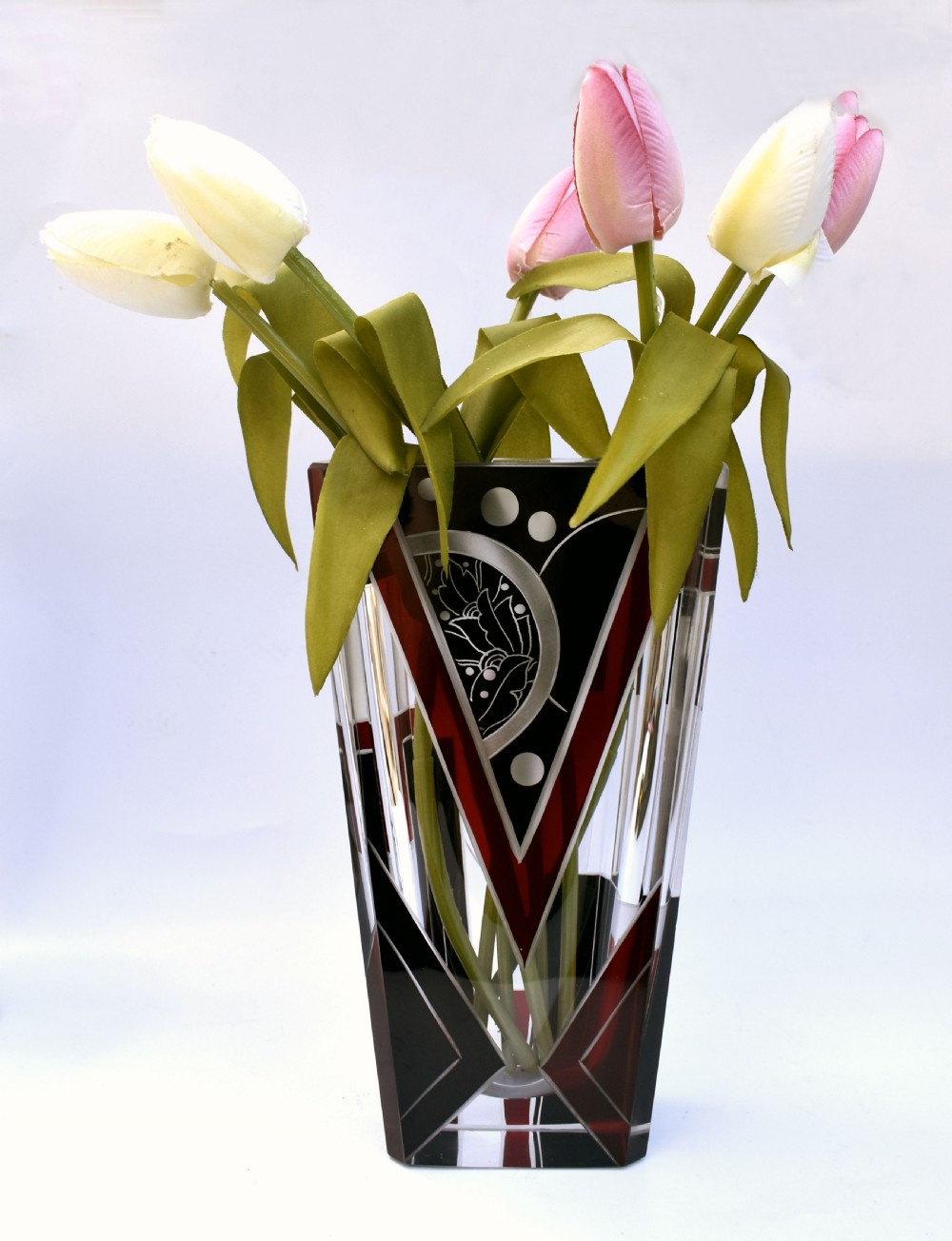 Art Deco Glass and Enamel Etched Geometric Vase View II