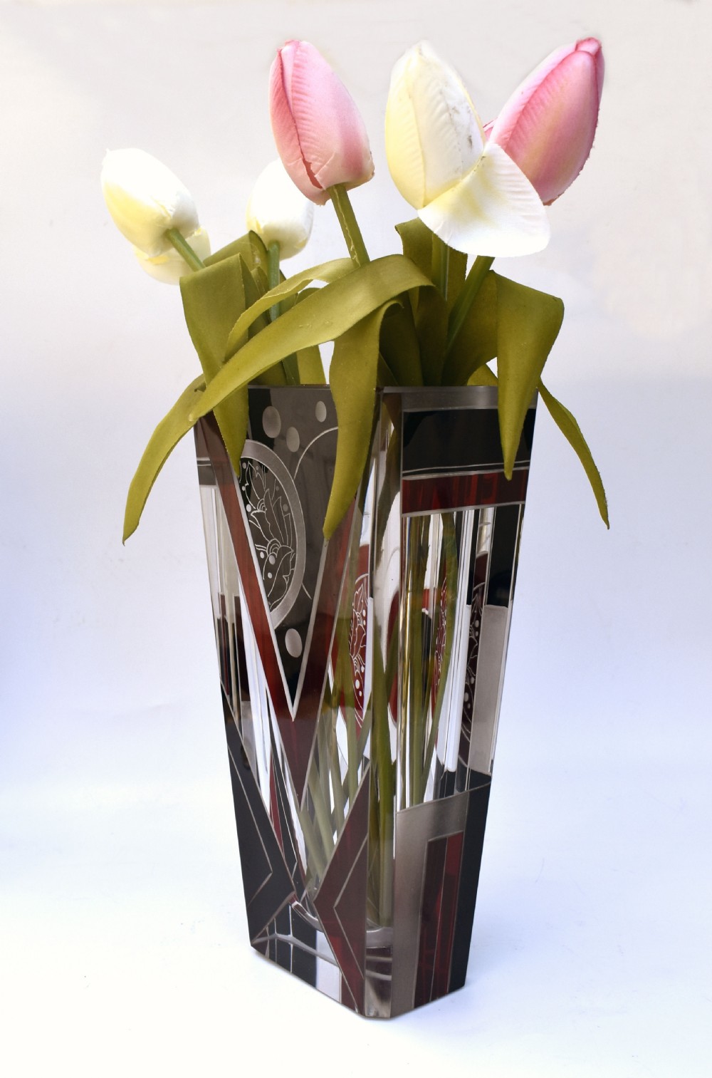 Art Deco Glass and Enamel Etched Geometric Vase View III