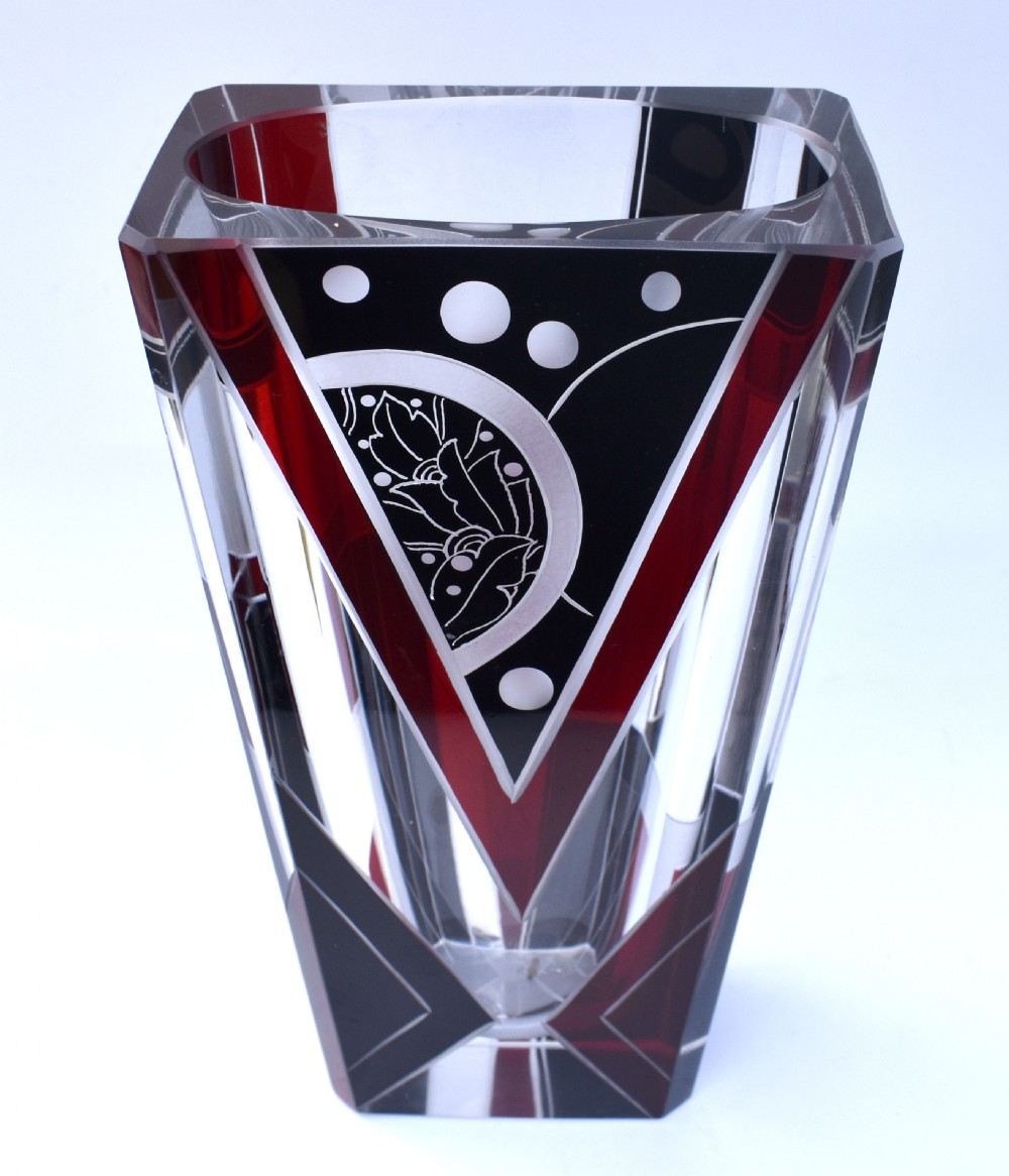 Art Deco Glass and Enamel Etched Geometric Vase View IV