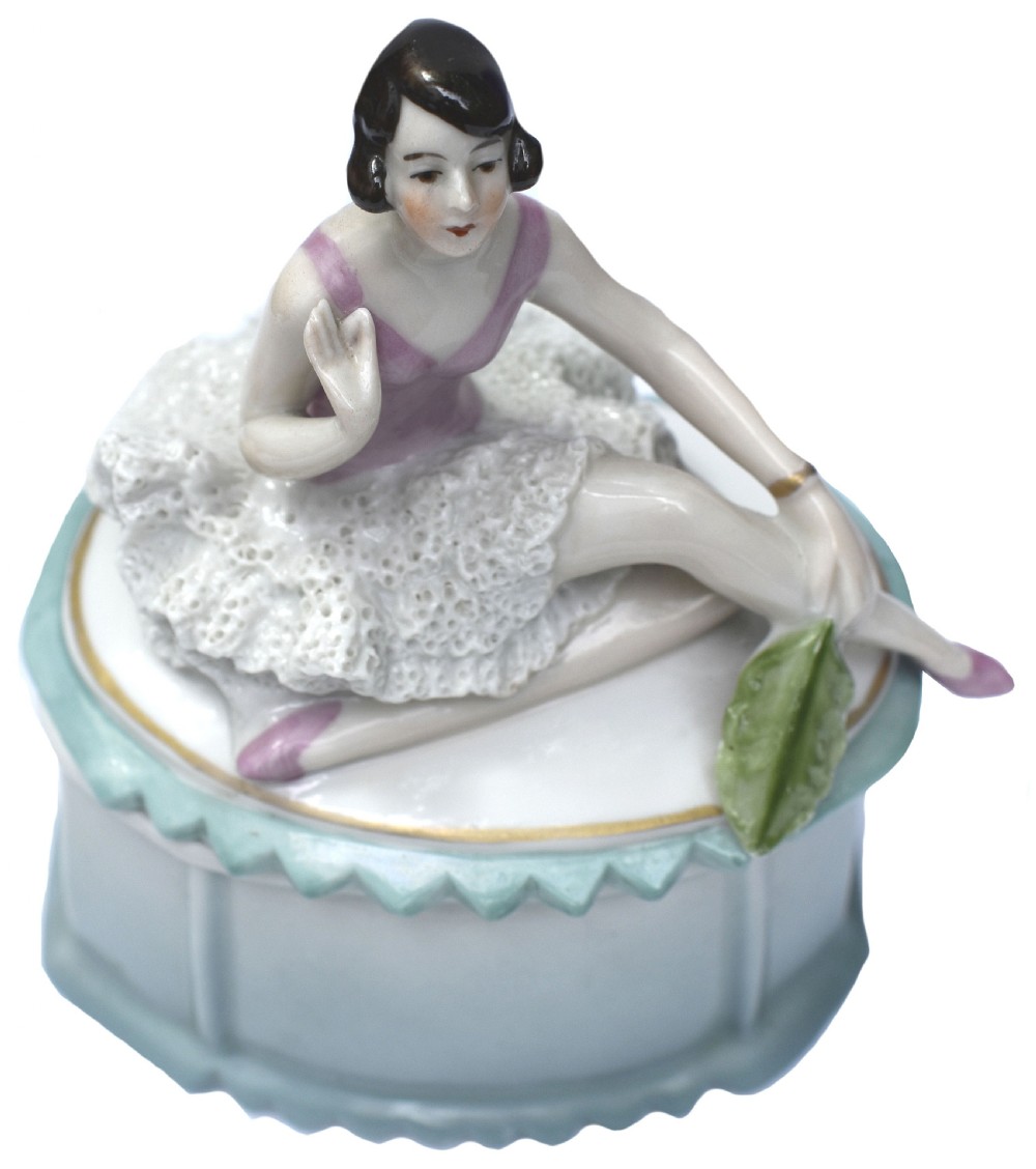 Art Deco Porcelain Flapper Powder, Trinket Box, c1930s View VI