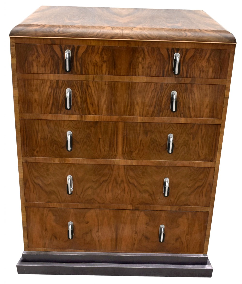 Art Deco English 1930's Figured Walnut Chest Of Drawers