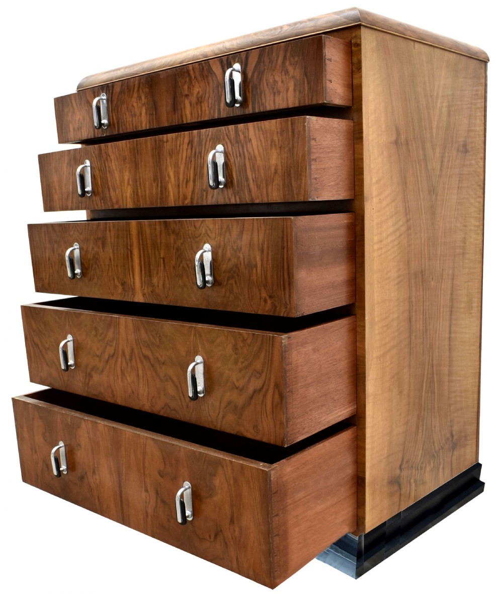 Art Deco English 1930's Figured Walnut Chest Of Drawers View II