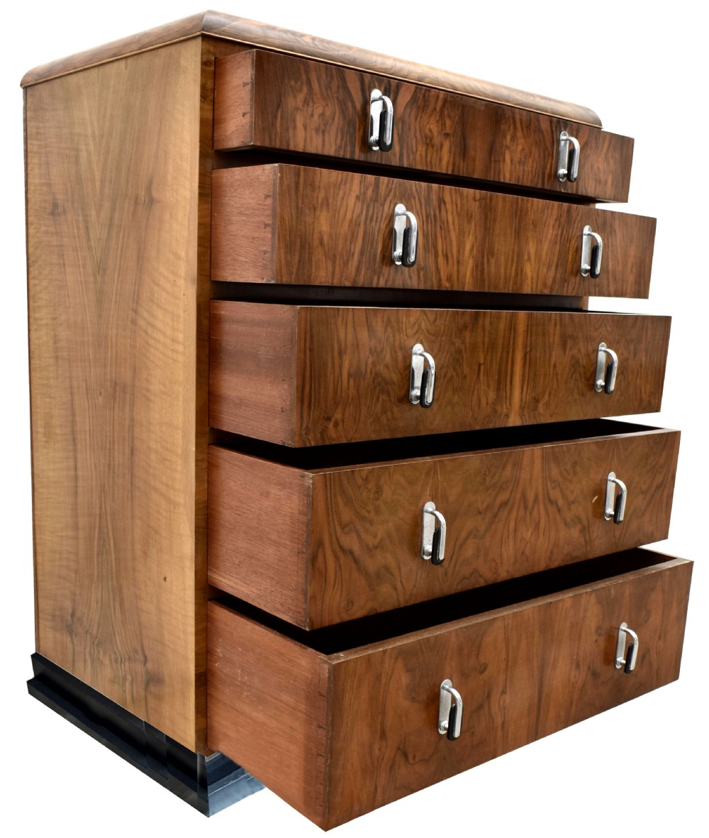 Art Deco English 1930's Figured Walnut Chest Of Drawers View VII