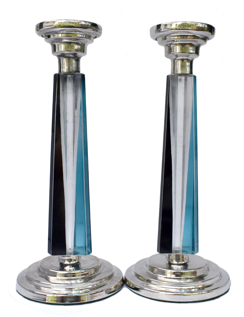 Art Deco Pair of Matching Nickel-Silver & Glass Candlesticks, c1930