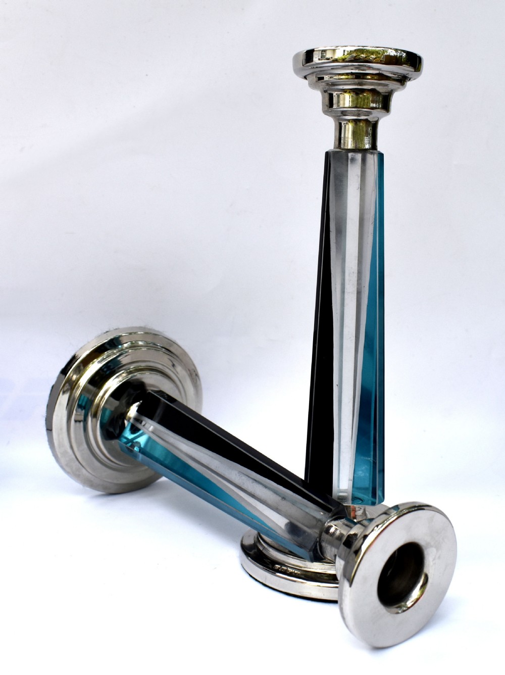 Art Deco Pair of Matching Nickel-Silver & Glass Candlesticks, c1930 View III