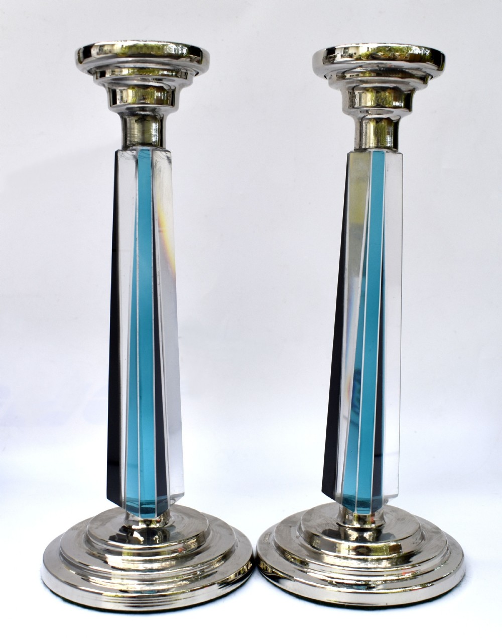 Art Deco Pair of Matching Nickel-Silver & Glass Candlesticks, c1930 View V