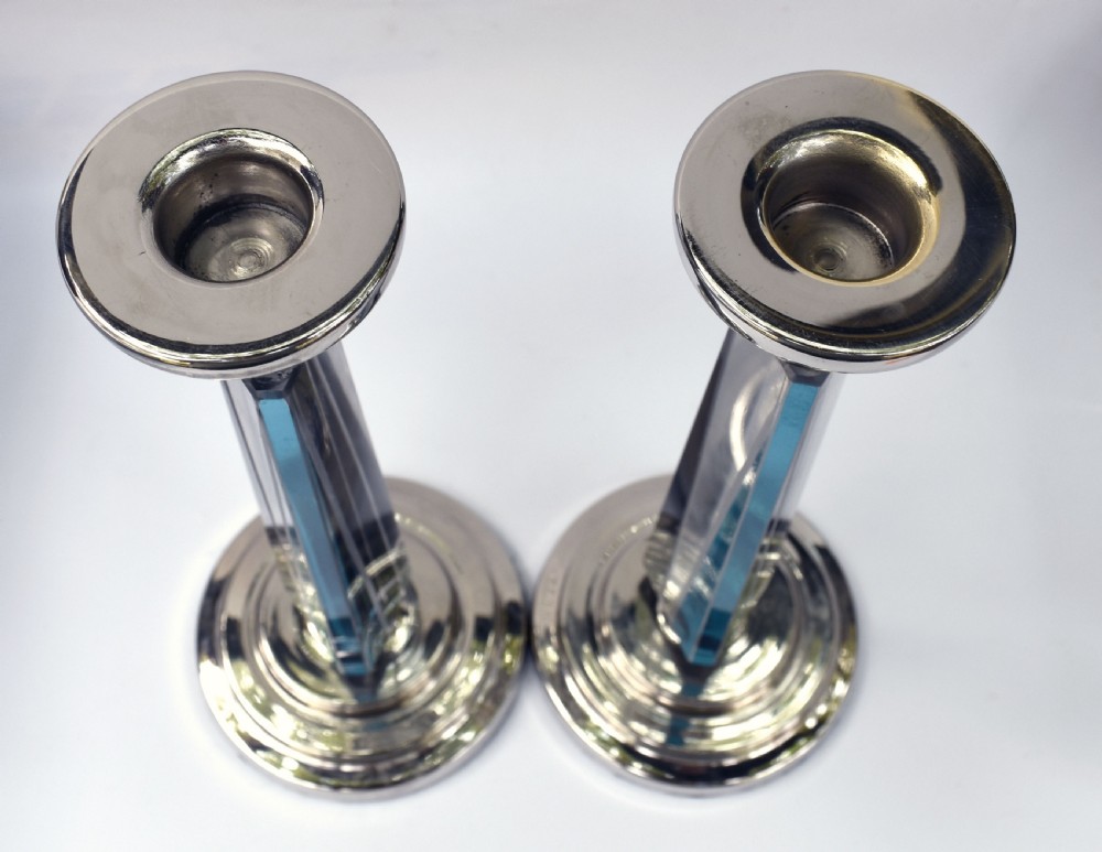 Art Deco Pair of Matching Nickel-Silver & Glass Candlesticks, c1930 View VI