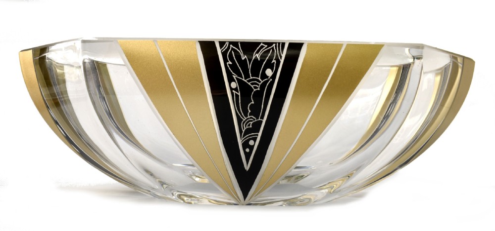 Art Deco Cut Glass Enamel Decorated Bowl