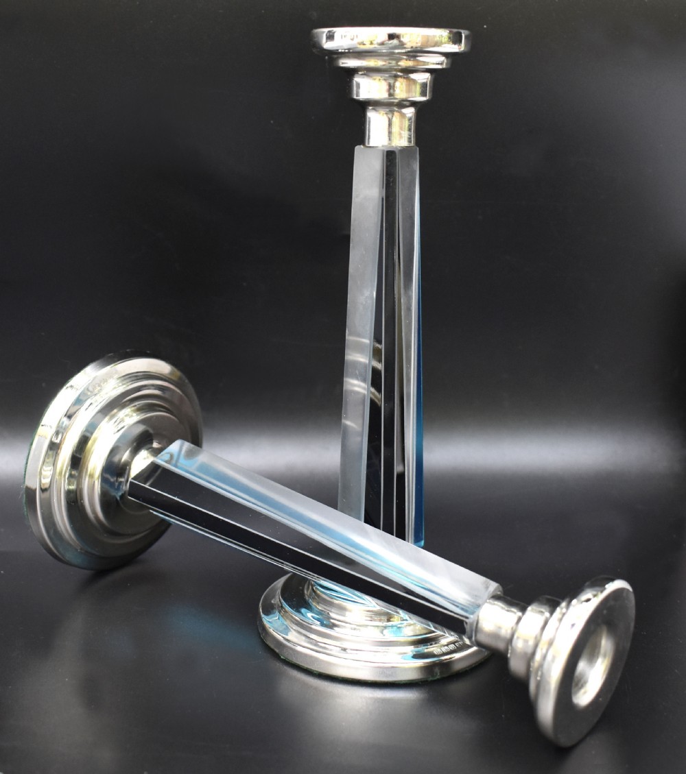 Art Deco Pair of Matching Nickel-Silver & Glass Candlesticks, c1930 View VIII
