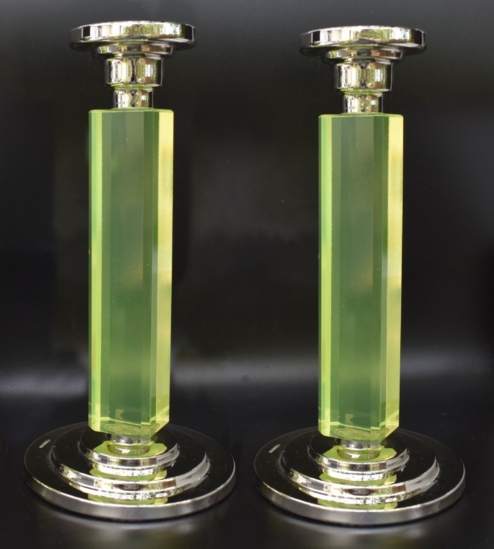 Art Deco Pair of Matching Nickel-Silver & Uranium Glass Candlesticks, c1930