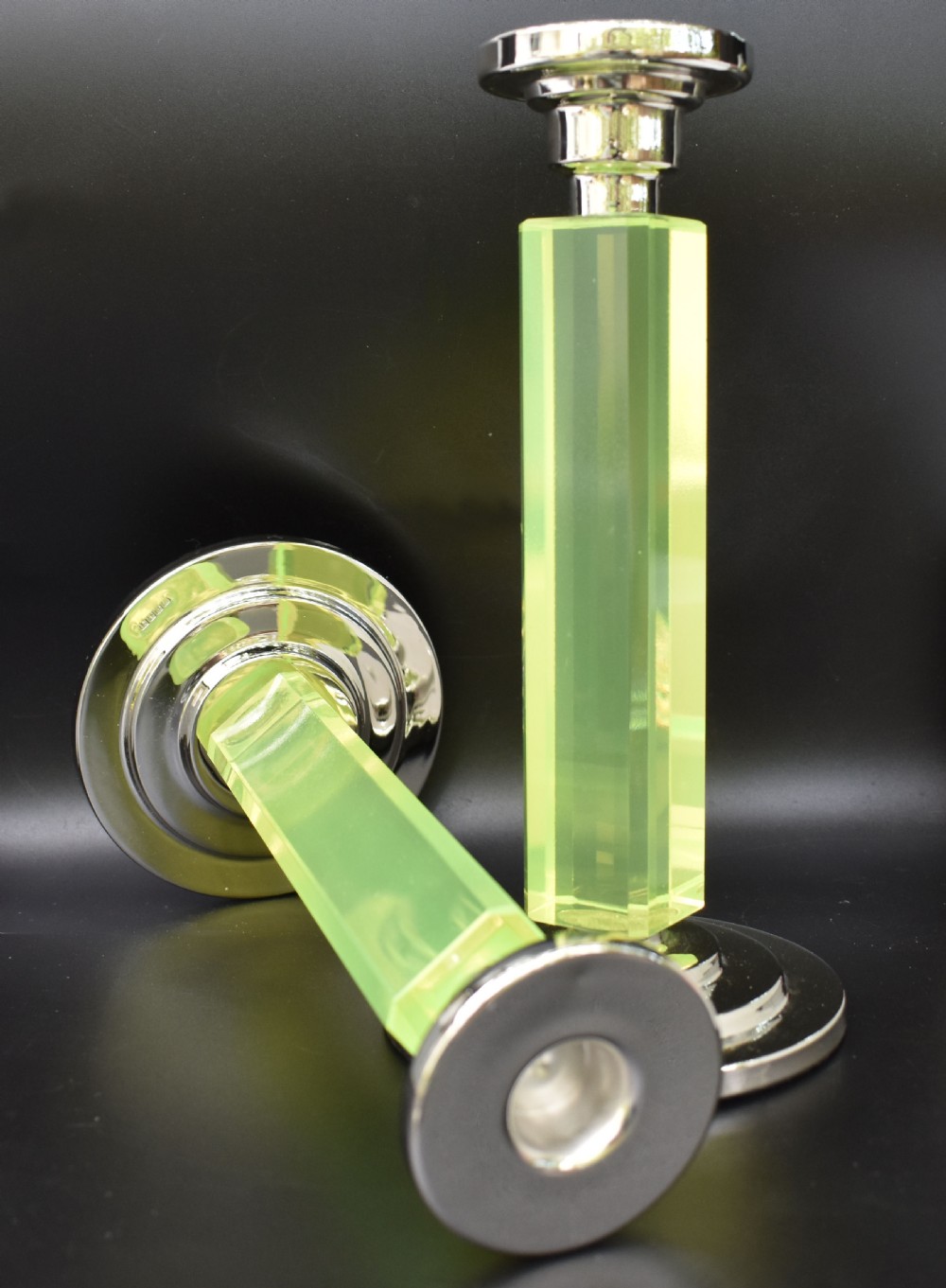 Art Deco Pair of Matching Nickel-Silver & Uranium Glass Candlesticks, c1930 View III