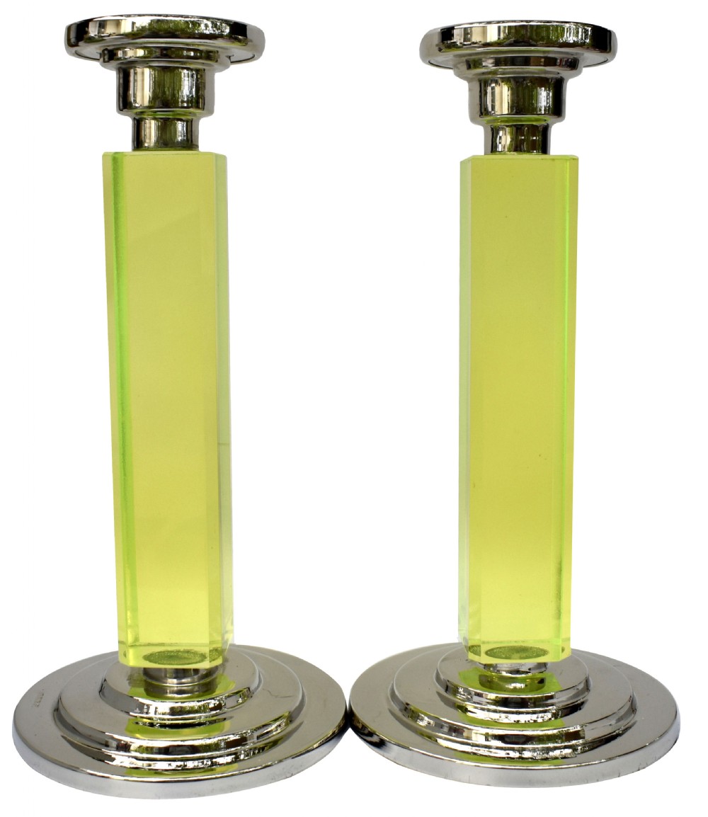 Art Deco Pair of Matching Nickel-Silver & Uranium Glass Candlesticks, c1930 View V