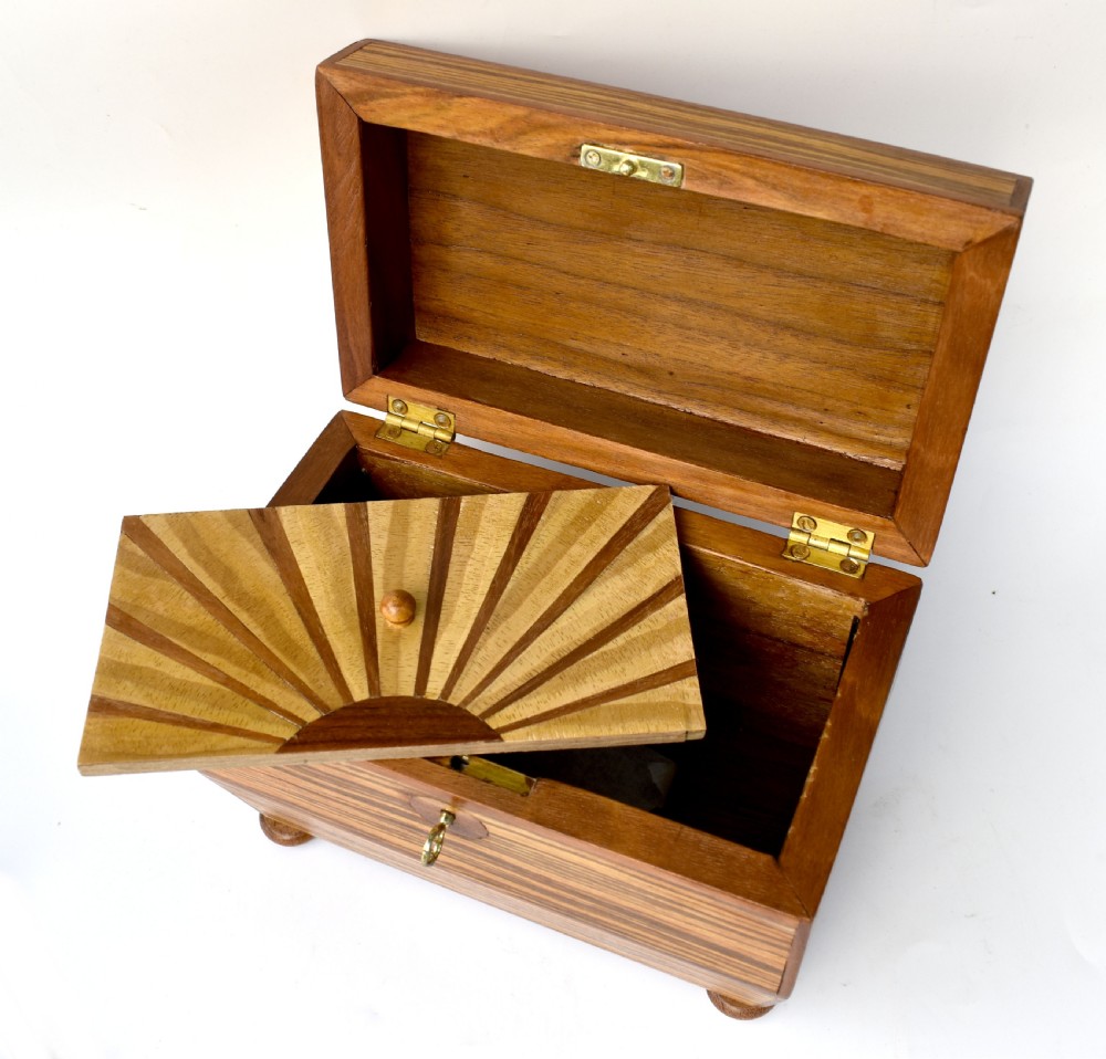 Art Deco 'Sunray' Inlaid Tea Caddy box With Key, c1930 View IX