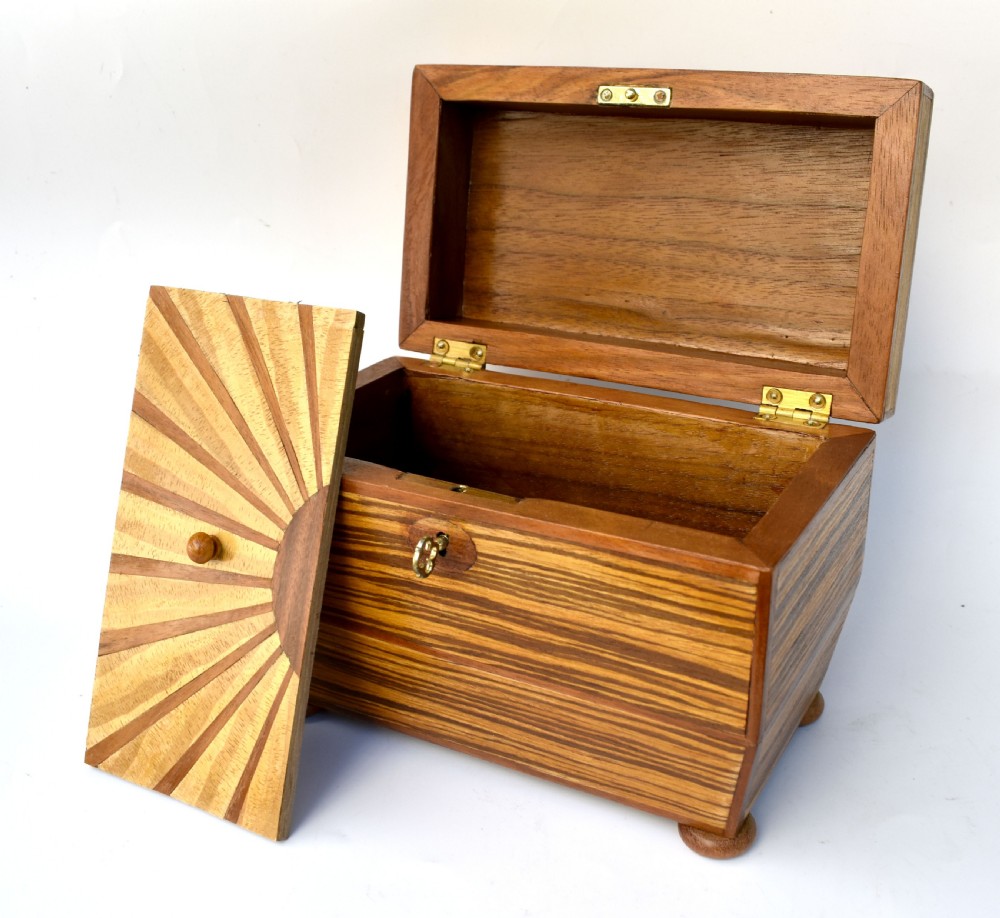 Art Deco 'Sunray' Inlaid Tea Caddy box With Key, c1930 View X