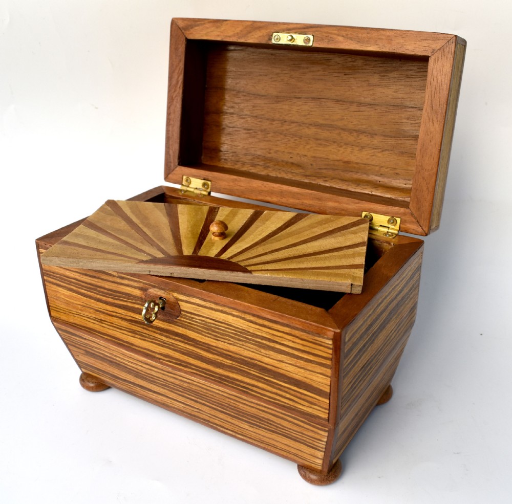 Art Deco 'Sunray' Inlaid Tea Caddy box With Key, c1930 View XI