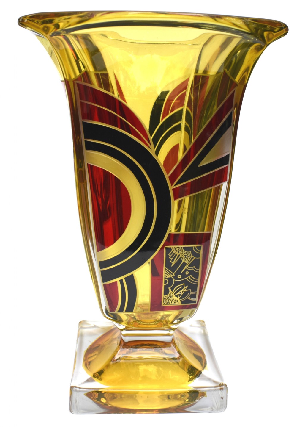 Art Deco Large Glass & Enamel Etched Vase, Czech Republic, c1930