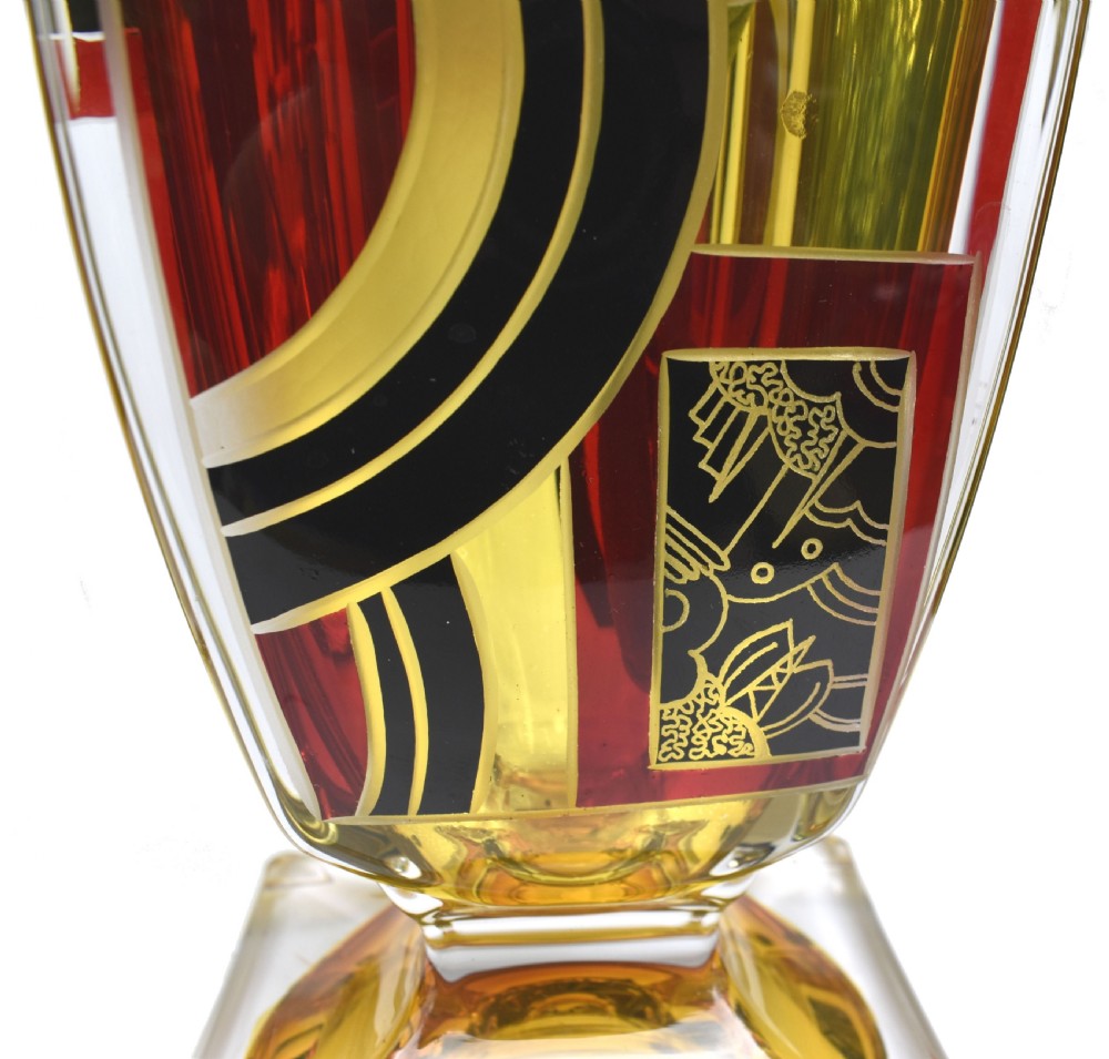 Art Deco Large Glass & Enamel Etched Vase, Czech Republic, c1930 View II