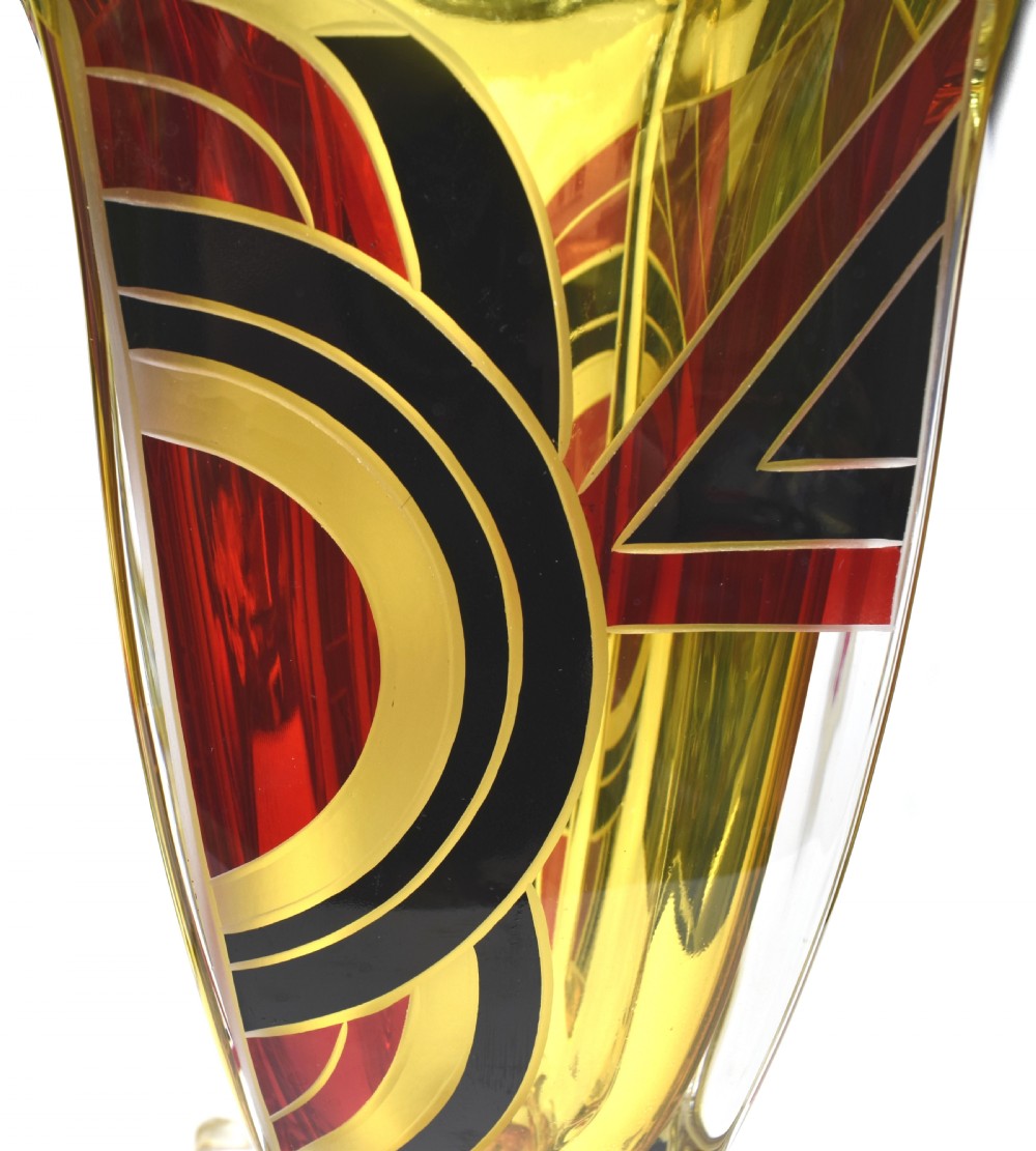 Art Deco Large Glass & Enamel Etched Vase, Czech Republic, c1930 View V