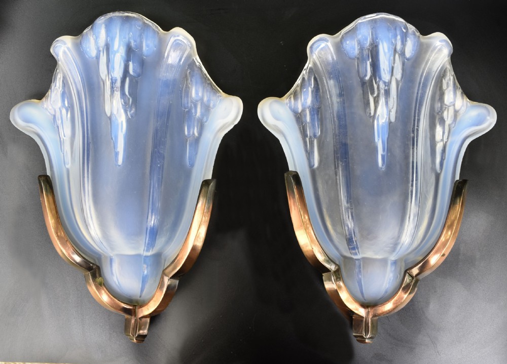Art Deco Pair Of Opalescent Glass Wall Lights By Ezan , c1930