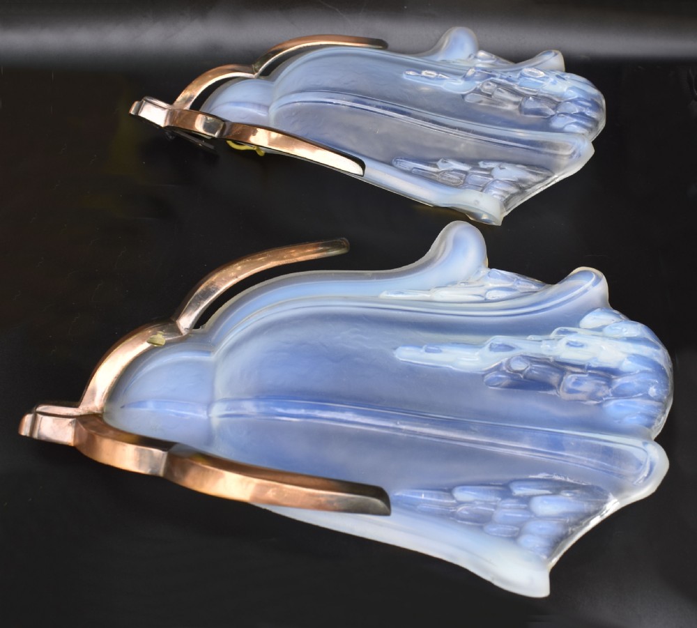 Art Deco Pair Of Opalescent Glass Wall Lights By Ezan , c1930 View II
