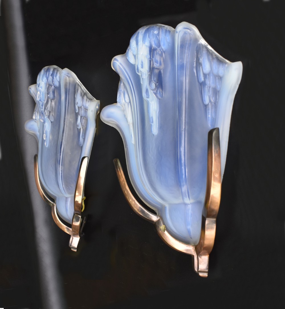 Art Deco Pair Of Opalescent Glass Wall Lights By Ezan , c1930 View III