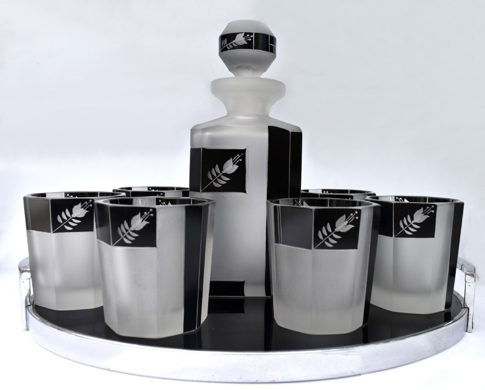 Art Deco Glass and Enamel Decanter Set, c1930