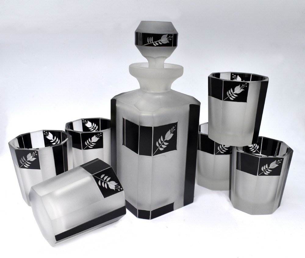 Art Deco Glass and Enamel Decanter Set, c1930 View II