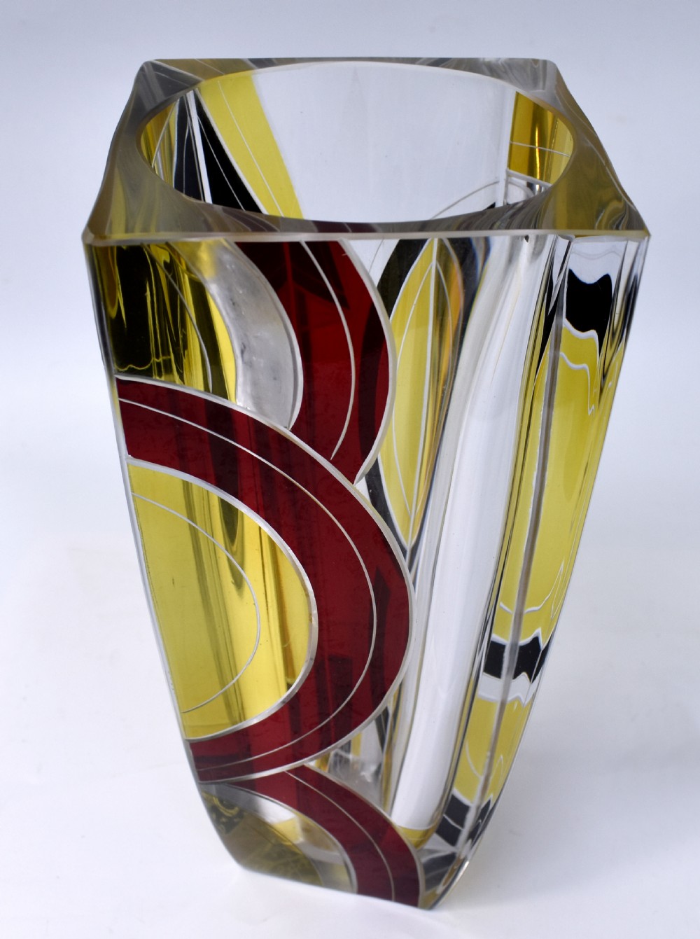Art Deco Large Glass & Enamel Etched Vase, Czech Republic, c1930 View III