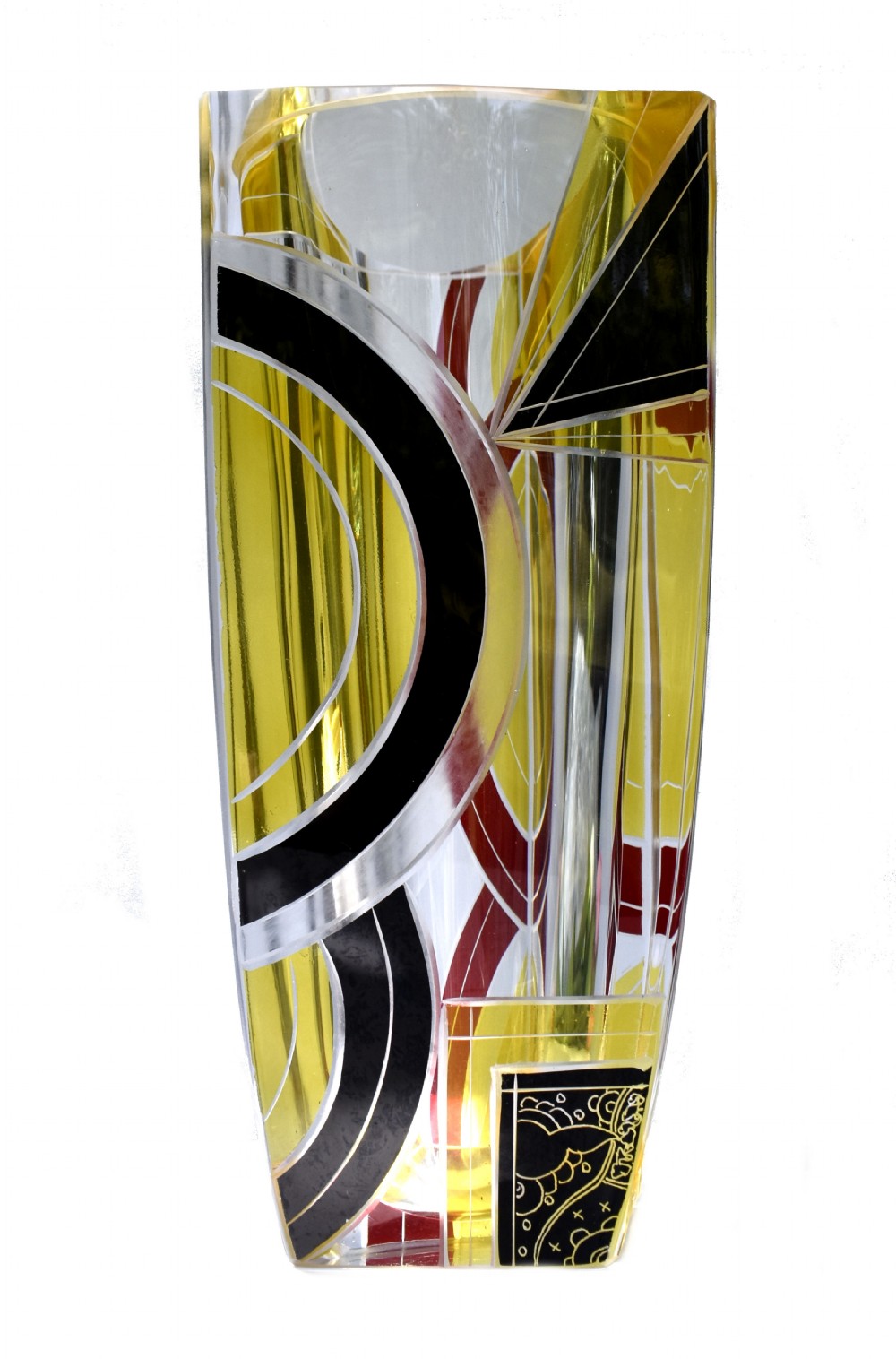 Art Deco Large Glass & Enamel Etched Vase, Czech Republic, c1930